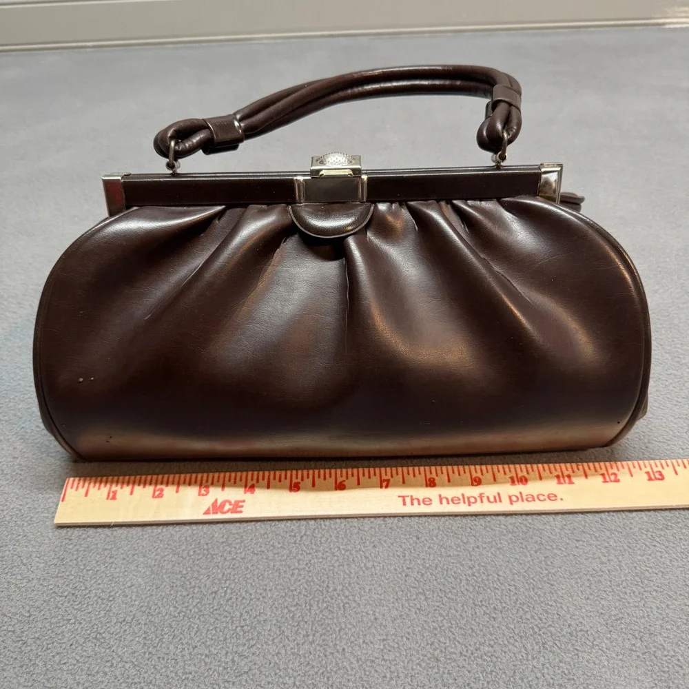Vintage Mid Century Kiss Lock Satchel Handbag Brown Faux Leather Retro Large